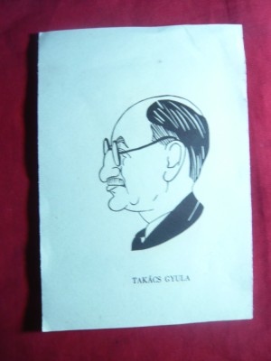 Gravura pe lemn -Caricatura -Personalitati- Takacs Gyula , dim.= 10,9x15,5 cm foto