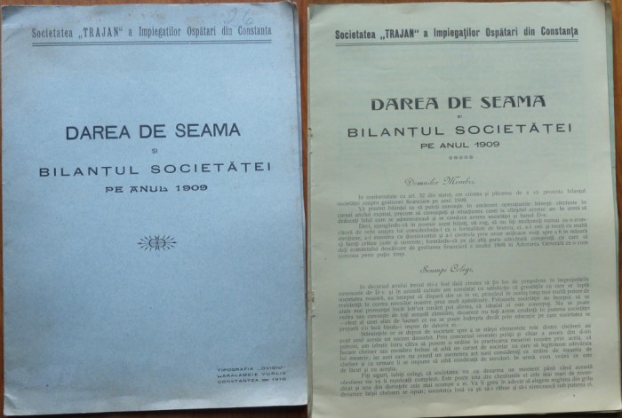 Darea de seama a Societatatii Trajan a Impiegatilor Ospatari din Constanta ,1909