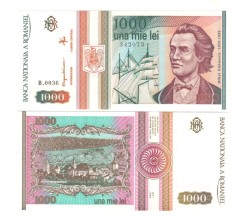 SV * Romania BNR 1000 LEI 1993 mai * Mihai Eminescu * Seria B.0031 * AUNC+ / UNC foto