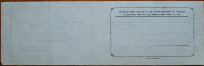 Invitare adunare Uniunea Muncit. si taranilor Maghiari din Romania, MADOSZ ,1935