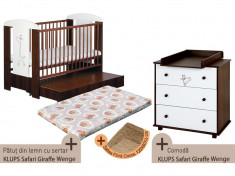 Patut cu sertar + Comoda KLUPS Safari Giraffe Wenge + Saltea Fibra MyKids foto