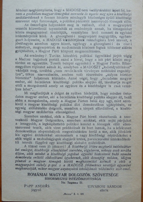 Manifest original , socialist , in limba maghiara al MADOSZ , 1935