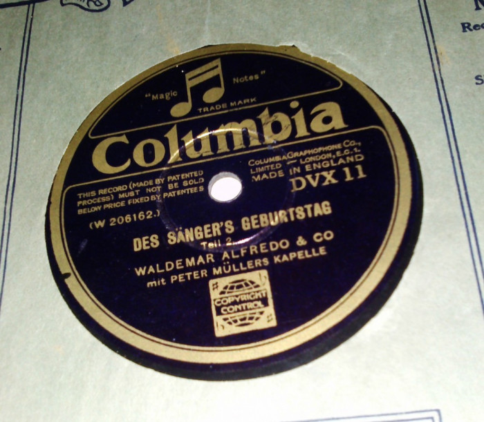 Disc ebonita patefon Des sanger&#039;s geburtstag tell 1 / tell2 - Columbia