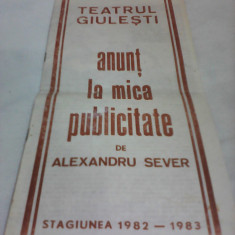 PLIANT RECLAMA TEATRUL GIULESTI ANUNT LA MICA PUBLICITATE STAGIUNEA 1982-1983