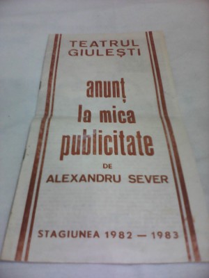 PLIANT RECLAMA TEATRUL GIULESTI ANUNT LA MICA PUBLICITATE STAGIUNEA 1982-1983 foto