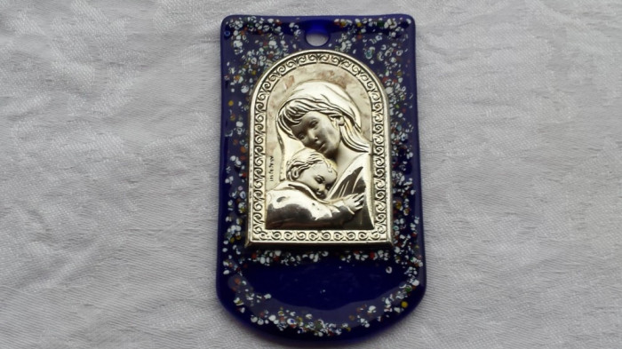 argint MEDALION ICOANA FECIOARA MARIA cu PRUNCUL pe STICLA MURANO superb UNIC