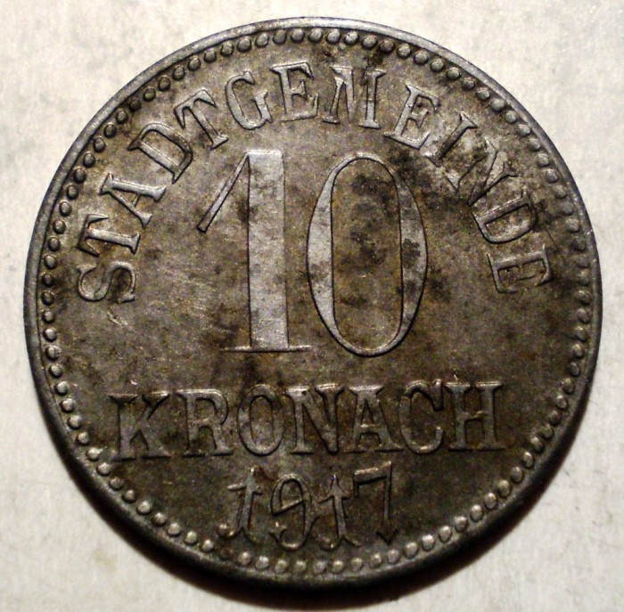 F.186 GERMANIA WWI STADT KRONACH NOTGELD 10 1917 20mm