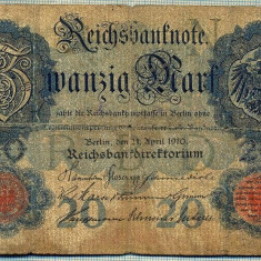 A 75 BANCNOTA-GERMANIA- 20 MARK-anul 1910 -SERIA 293847 -starea care se vede