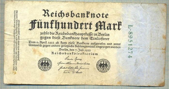 A 52 BANCNOTA-GERMANIA - 500 MARK- anul 1923 -SERIA 8951274 -starea care se vede