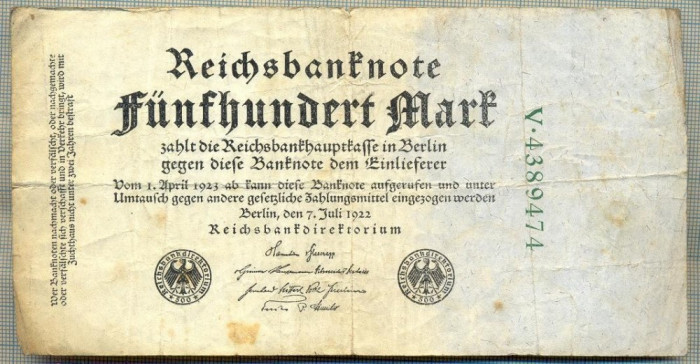 A 14 BANCNOTA-GERMANIA - 500 MARK- anul 1923 -SERIA 4389474 -starea care se vede