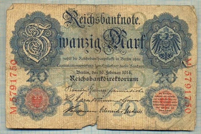 A 166 BANCNOTA-GERMANIA - 20 MARK- anul 1914 -SERIA 5791750 -starea care se vede