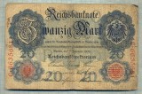 A 161 BANCNOTA-GERMANIA - 20 MARK- anul 1908 -SERIA 6635681 -starea care se vede, Europa