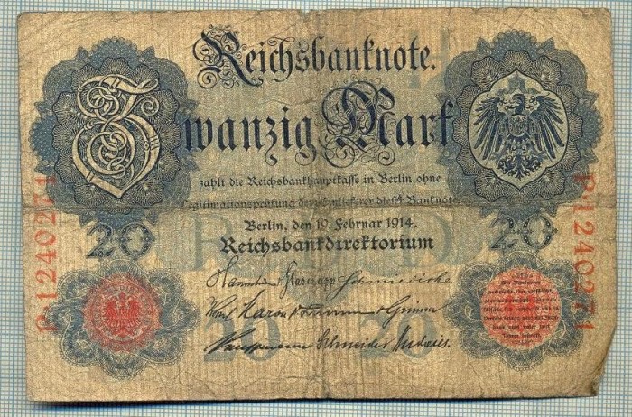 A 167 BANCNOTA-GERMANIA - 20 MARK- anul 1914 -SERIA 1240271 -starea care se vede