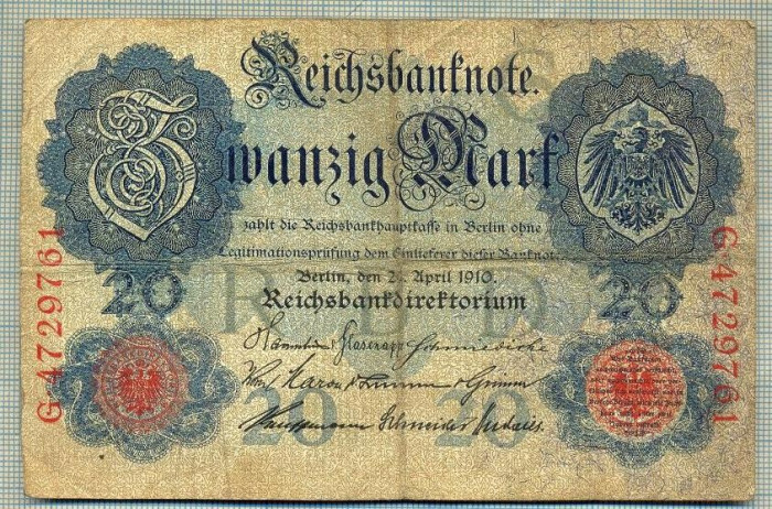 A 175 BANCNOTA-GERMANIA - 20 MARK- anul 1910 -SERIA 4729761 -starea care se vede