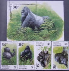 CONGO - MAIMUTE WWF, 4 VALORI SI 1 S/S, NEOBLITERATE - E 3217B foto