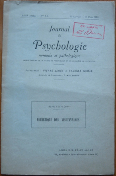 Henri Focillon , Jurnal de psihologie , 1926 , autograf catre George Oprescu