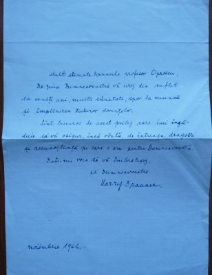 Scrisoare de felicitare a lui Harry Brauner catre George Oprescu , 1966 foto