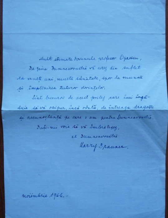 Scrisoare de felicitare a lui Harry Brauner catre George Oprescu, 1966
