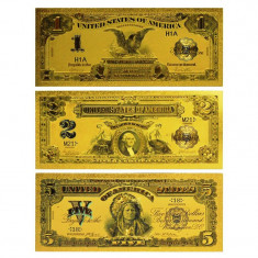 S.U.A. - SET 3 BANCNOTE 1899 - 1$, 2$, 5$ POLYMER AURIT CU AUR 24K foto