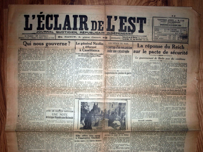 ZIAR VECHI FRANCEZ - L ECLAIR DE L EST -22 IULIE 1925