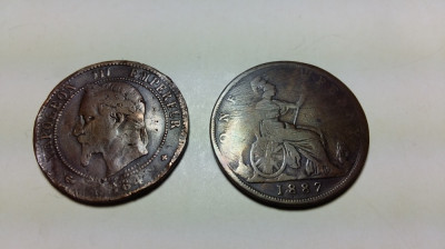 2 MONEDE - 10 CENTIMES NAPOLEON III 1864 - 0NE PENNY REGINA VICTORIA 1887 foto