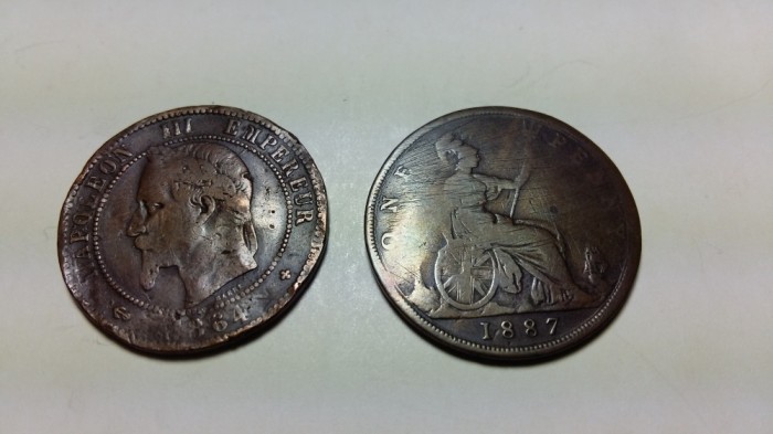 2 MONEDE - 10 CENTIMES NAPOLEON III 1864 - 0NE PENNY REGINA VICTORIA 1887