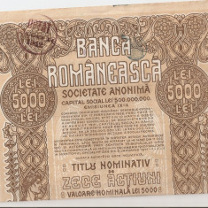 BANCA ROMANEASCA SOCIETATE ANONIMA TITLU NOMINATIV DE 10 ACTIUNI 5000 LEI 1941