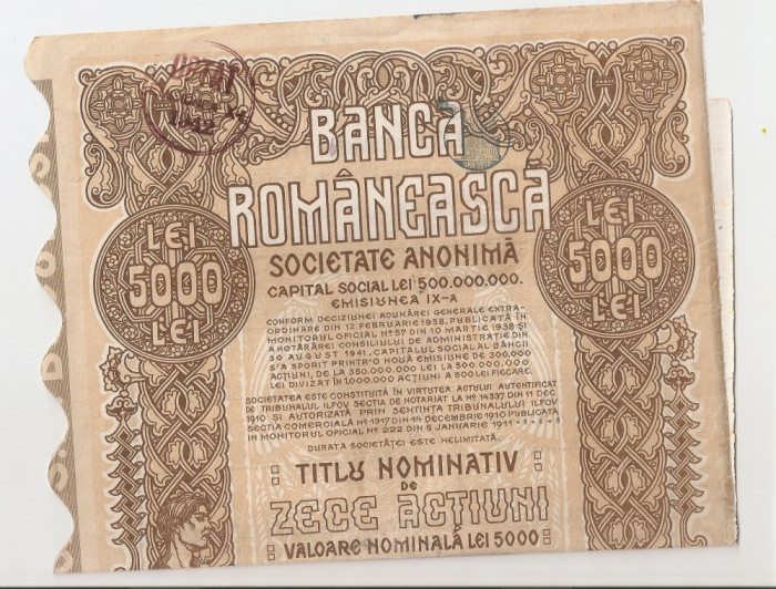 BANCA ROMANEASCA SOCIETATE ANONIMA TITLU NOMINATIV DE 10 ACTIUNI 5000 LEI 1941