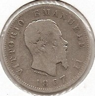 Italia 1 Lira 1867 - Vittorio Emanuele II, Argint 5 g/835, 23 mm KM-5a.1 foto