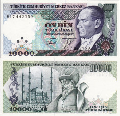 TURCIA 10.000 lire 1970 (1989) UNC!!! foto