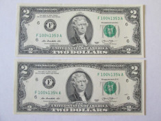 2 BANCNOTE 2 DOLLARS 2013 USA SERII CONSECUTIVE foto
