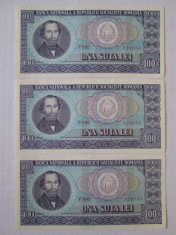 3 BANCNOTE 100 LEI 1966 UNC SERII CONSECUTIVE foto