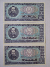 3 BANCNOTE 100 LEI 1966 UNC SERII CONSECUTIVE foto