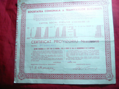 Certificat provizoriu la Soc. Comunala a Tramvaielor Bucuresti 1945 foto