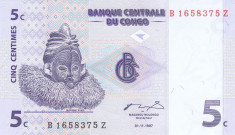 Bancnota Congo 5 Centime 1997 - P81r UNC ( replacement ) foto