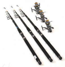 Set de 3 lansete telescopice carbon cu 3 mulinete kw50 cu 5 rulmenti baitrunner foto