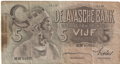 INDIILE OLANDEZE NETHERLANDS INDIES 5 GULDEN 1935 F foto