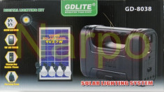 Kit Solar panou 7W GD8038 + USB + Lanterna + 4 becuri led + Acumulator 6V4A foto