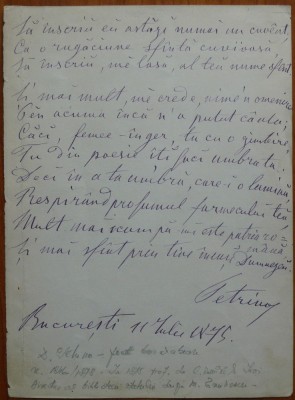 Poezie scrisa olograf si semnata de D. Petrino, colegul lui Eminescu, 1875 foto