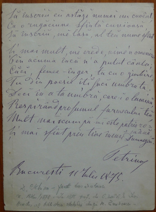 Poezie scrisa olograf si semnata de D. Petrino , colegul lui Eminescu , 1875