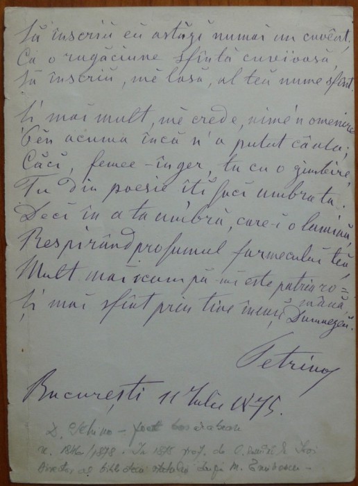Poezie scrisa olograf si semnata de D. Petrino, colegul lui Eminescu, 1875