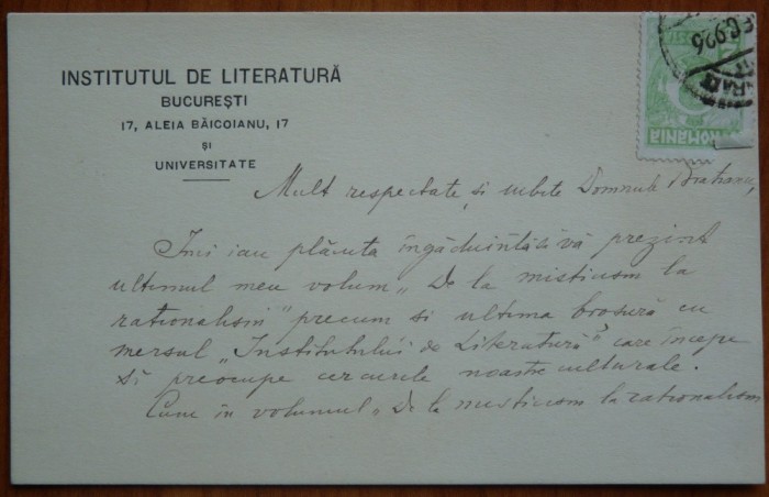 CP trimisa de filozoful si prof. Mihail Dragomirescu lui I. C. Bratianu, 1926