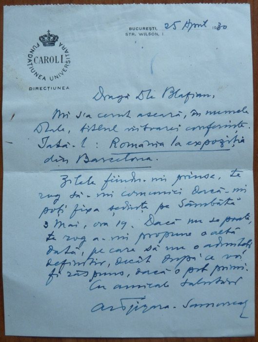Scrisoare a lui Tzigara Samurcas catre Blazian , 1930 , cu plic