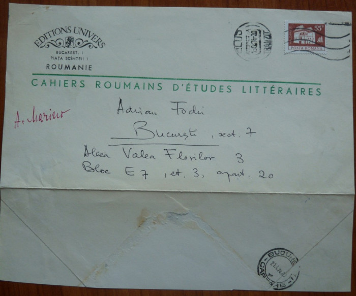 Scrisoare olografa a scriitorului Adrian Marino, datata si semnata, Cluj, 1976