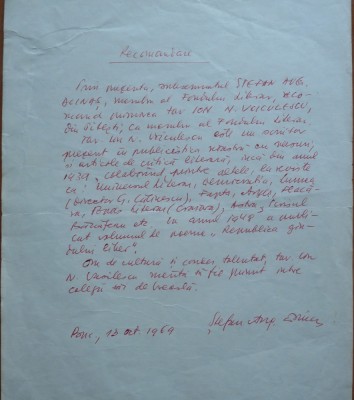 Recomandare scrisa olograf si semnata de Stefan Augustin Doinas, 1964 foto