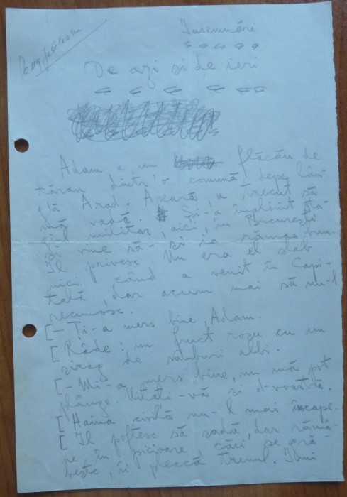 Manuscris Eugen Jebeleanu; Insemnari de azi si de ieri, 7 pagini olografe