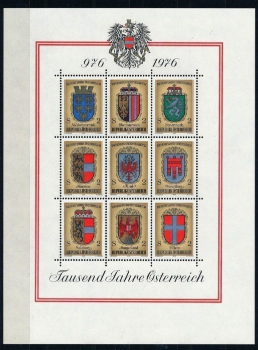 AUSTRIA 1976 STEMELE LANDURILOR COLITA NESTAMPILATA