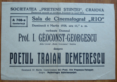 Pliant, Conferinta la sala Cinema Rio despre Traian Demetrescu, Craiova, 1938 foto