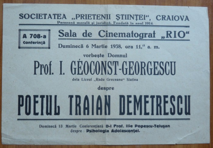 Pliant, Conferinta la sala Cinema Rio despre Traian Demetrescu, Craiova, 1938