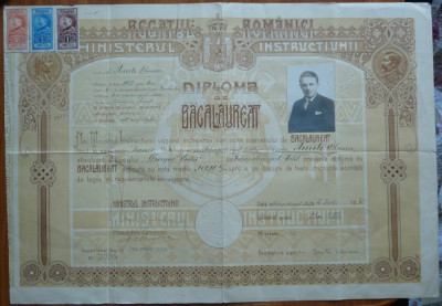 Diploma de bacalaureat ; Liceul Dragos Voda , Campulung Moldovenesc , 1930 foto